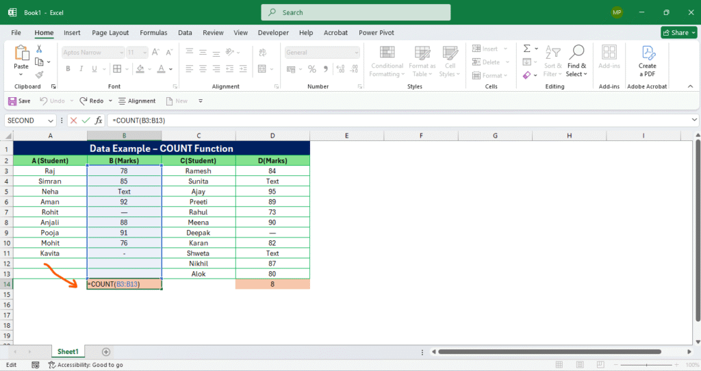 Excel COUNT function applied on sales data Hindi