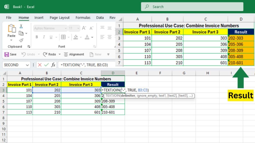 TEXTJOIN Formula in Excel to join numeric values with a hyphen