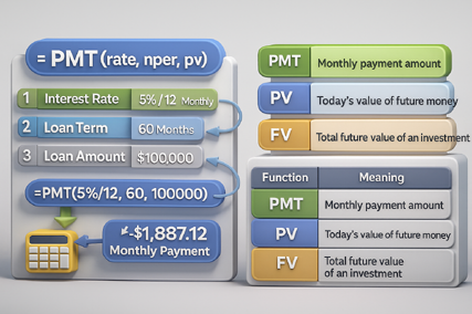 Ultimate Excel Formulas List in Hindi — Powerful Step-by-Step Guide for Beginners (2025) 3D infographic explaining Excel PMT, PV, and FV formulas for EMI calculation, present value, and future value with clean labels.