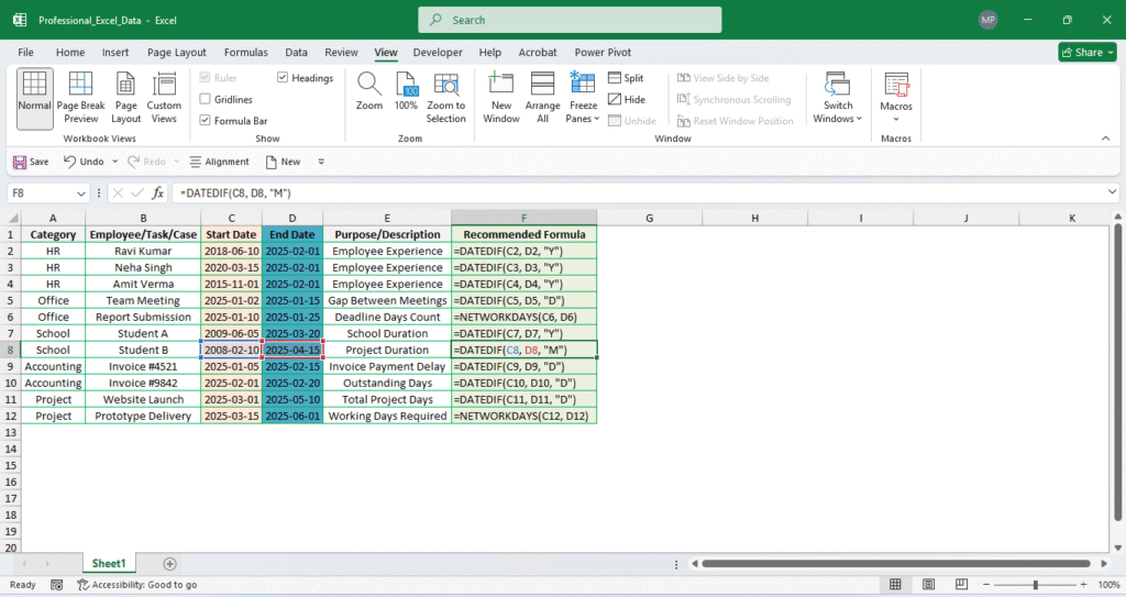 Ultimate Excel Formulas List in Hindi — Powerful Step-by-Step Guide for Beginners (2025) Excel date formulas dataset including DATEDIF, NETWORKDAYS, and WORKDAY examples for HR, office, school, accounting, and project management.