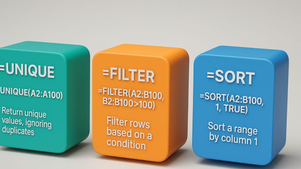 Ultimate Excel Formulas List in Hindi — Powerful Step-by-Step Guide for Beginners (2025) Excel Formulas List in Hindi 3D infographic – UNIQUE FILTER SORT