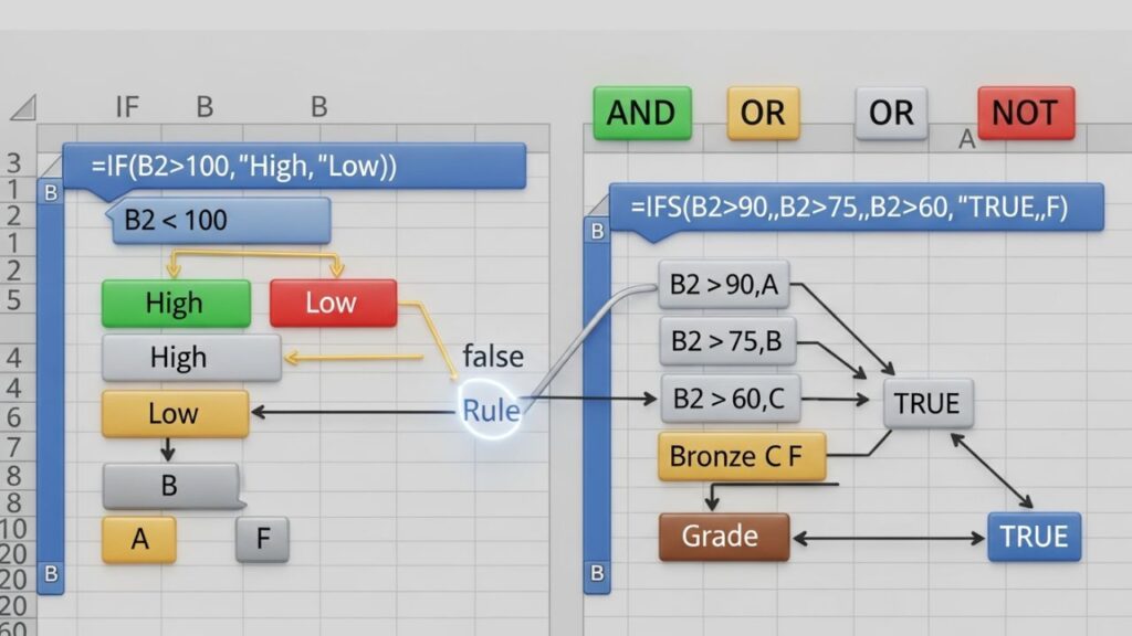 Ultimate Excel Formulas List in Hindi — Powerful Step-by-Step Guide for Beginners (2025) Excel IF, IFS, AND, OR functions explained with visual flowchart—Excel Formulas List in Hindi