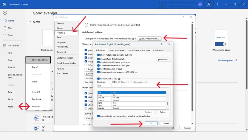 10 Powerful MS Word Tips and Tricks in Hindi जो आपकी Productivity को 5X बढ़ा देंगे MS Word AutoCorrect options screen with highlighted steps.