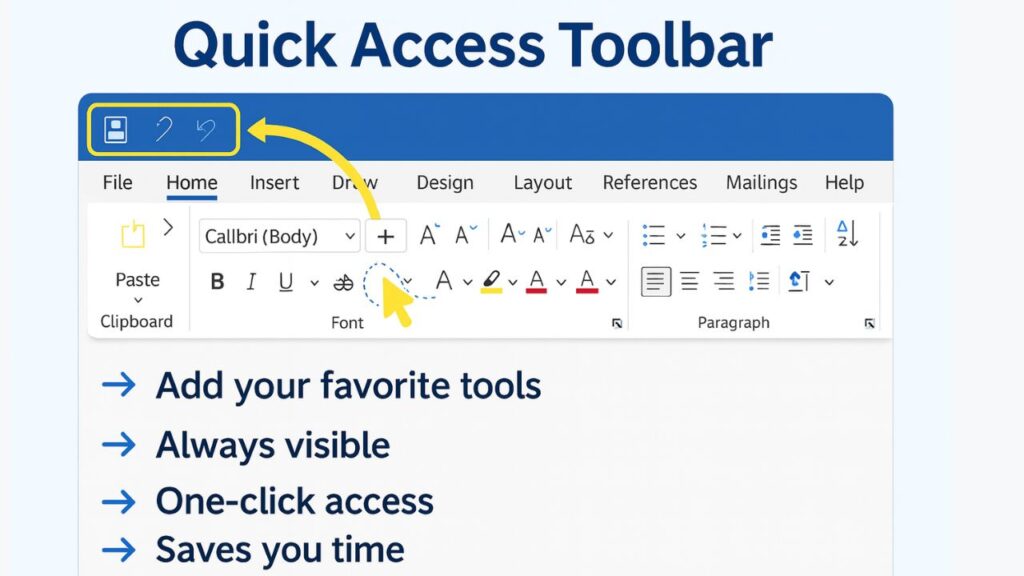 10 Powerful MS Word Tips and Tricks in Hindi जो आपकी Productivity को 5X बढ़ा देंगे MS Word Quick Access Toolbar with icons and add tool option.