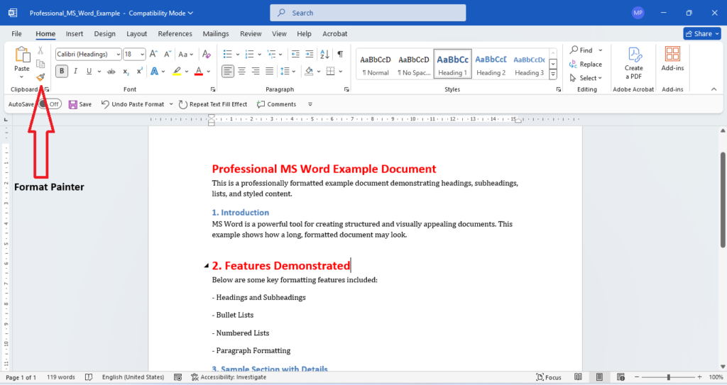 10 Powerful MS Word Tips and Tricks in Hindi जो आपकी Productivity को 5X बढ़ा देंगे The MS Word Format Painter tool is used to copy heading formatting.