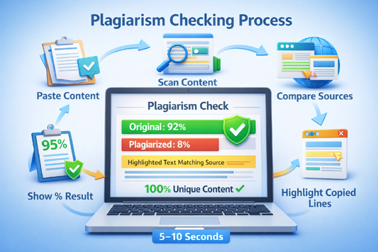 free plagiarism check tool 3D illustration showing content scan process step by step
