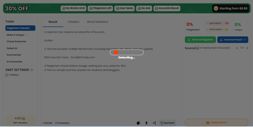 free plagiarism check tool result screenshot from Small SEO Tools