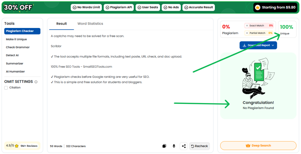 Small SEO Tools plagiarism checker interface showing plagiarism scan process