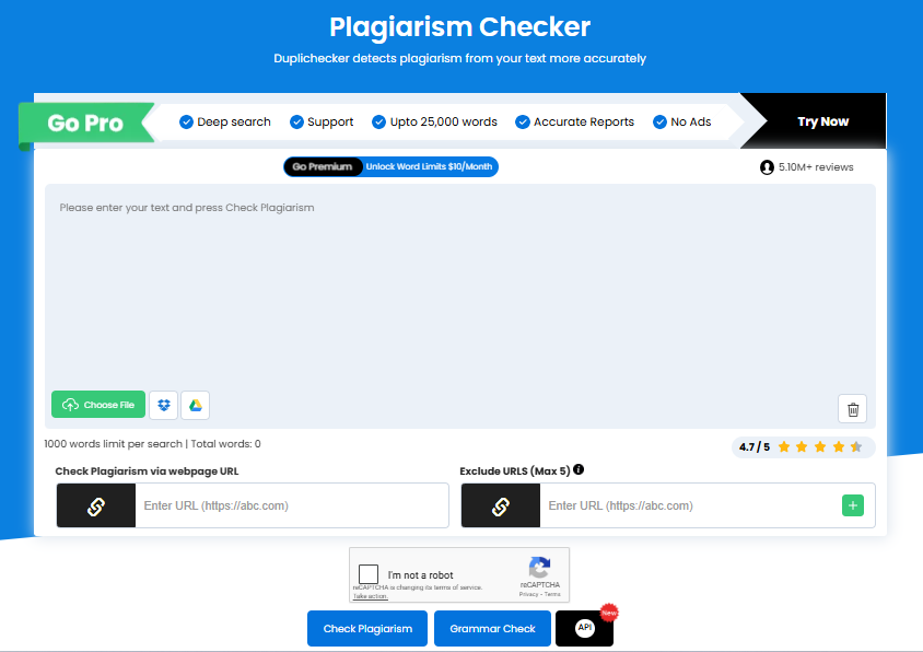 DupliChecker free plagiarism check tool interface showing text input and plagiarism check options