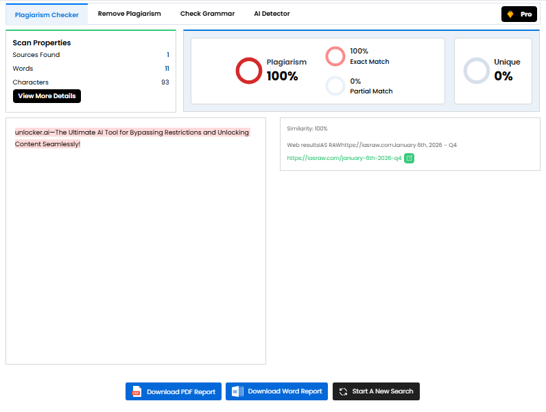 DupliChecker free plagiarism check tool result showing 100 percent plagiarism detected