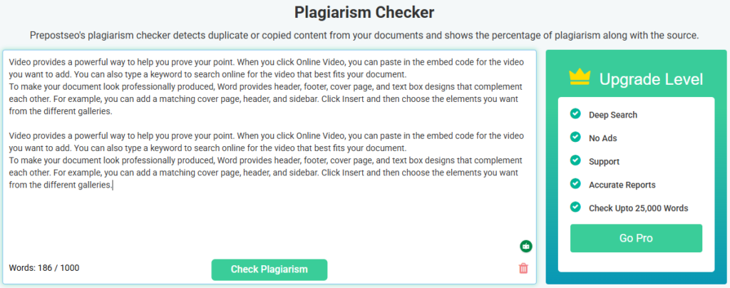 free plagiarism check tool PrePostSEO dashboard for checking content originality