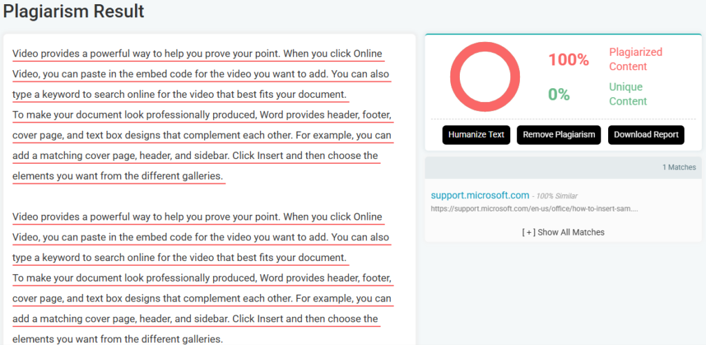 PrePostSEO plagiarism checker report screen highlighting copied content