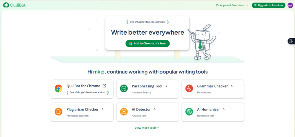 QuillBot grammar checker dashboard showing free writing tools and Chrome extension option