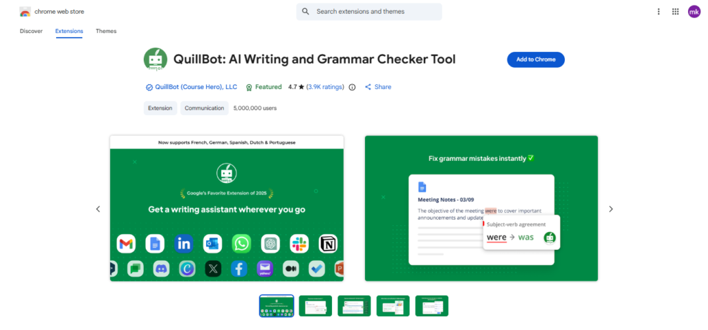 QuillBot AI writing and grammar checker Chrome extension page with add to Chrome button