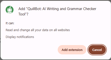 installing QuillBot grammar checker Chrome extension popup confirmation screen