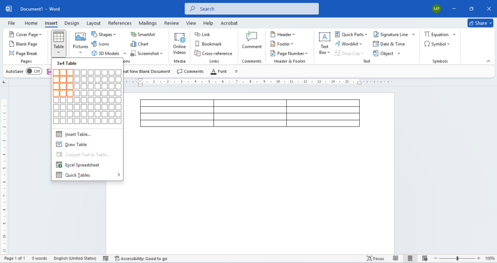 MS Word Introduction and Parts in Hindi – Easy & Powerful Guide for Beginners-1 MS Word Insert Table option showing 3x4 table creation in Microsoft Word