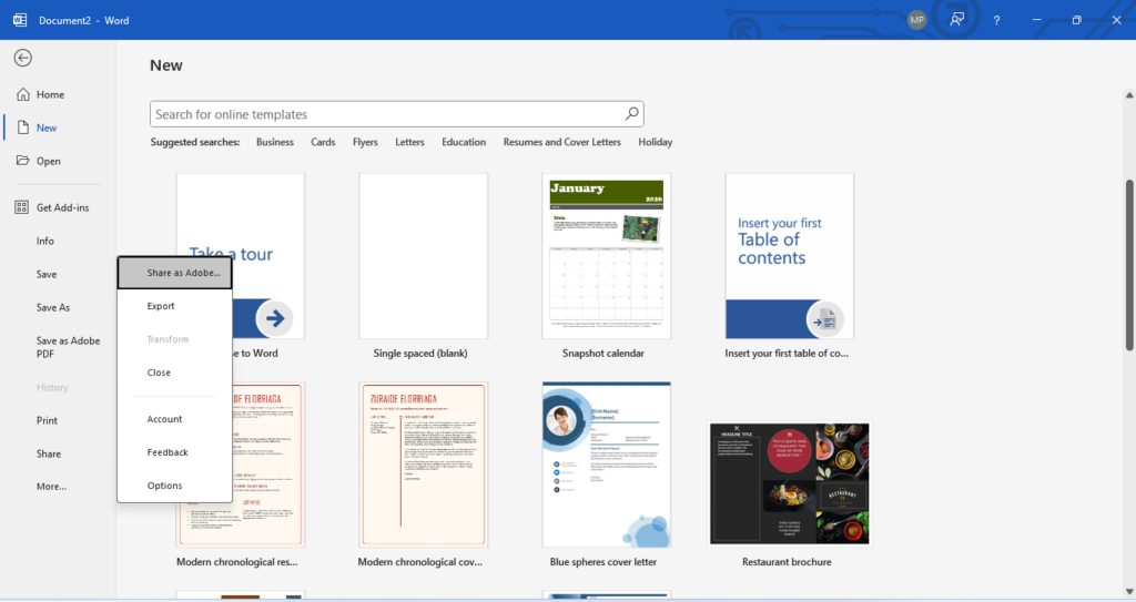 MS Word File Menu in Hindi – 17 Powerful Features की Complete Guide 2026 MS Word File Menu in Hindi screenshot showing New, Open, Save, Print, Export and Options in Backstage View