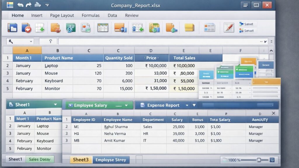 Excel Introduction in Hindi: 16 Basic Concepts of Workbook, Ribbon, Cell Explained Microsoft Excel workbook structure with multiple sheets including sales data, employee salary and expense report