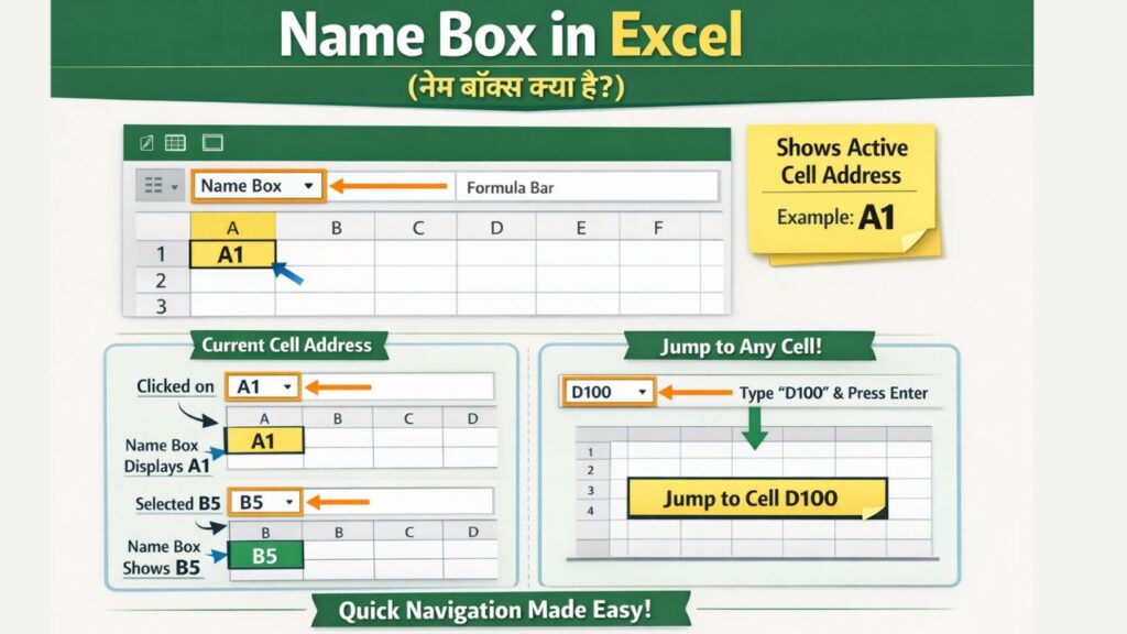 Excel Introduction in Hindi: 16 Basic Concepts of Workbook, Ribbon, Cell Explained Excel name box example showing active cell address A1 and quick navigation to D100