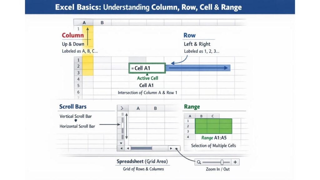 Excel Introduction in Hindi: 16 Basic Concepts of Workbook, Ribbon, Cell Explained Excel basics diagram showing column, row, cell, active cell, range, scroll bar and spreadsheet grid area