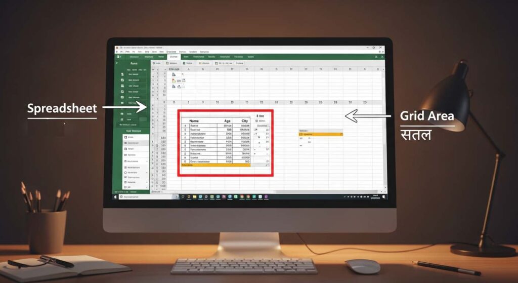 Excel Introduction in Hindi: 16 Basic Concepts of Workbook, Ribbon, Cell Explained Spreadsheet and grid area in Excel diagram showing rows, columns and cells structure