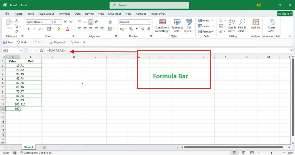 Excel Introduction in Hindi: 16 Basic Concepts of Workbook, Ribbon, Cell Explained excel-formula-bar-sum-a1-to-a10-example.webp