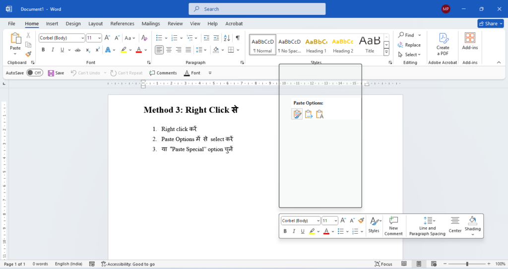 MS Word Home Tab in Hindi Paste Special dialog box options Keep Text Only formatting explained