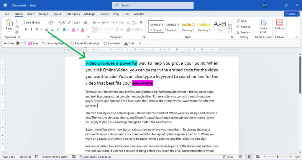MS Word Home Tab in Hindi text formatting highlight and font color example