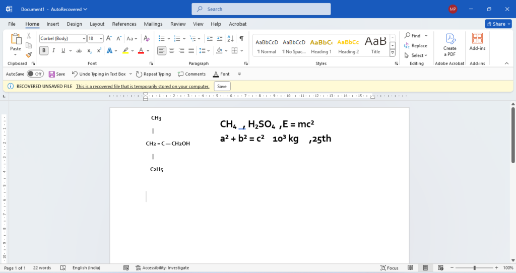 MS Word में Subscript और Superscript example CH4 H2SO4 E=mc2 formatting screenshot