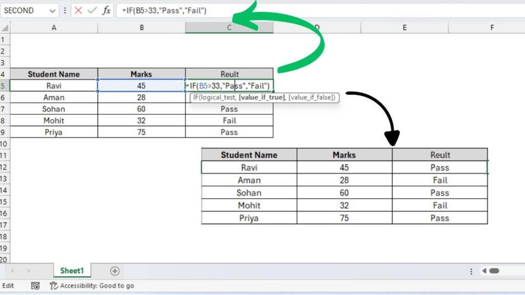 IF Formula in Excel in Hindi pass fail example