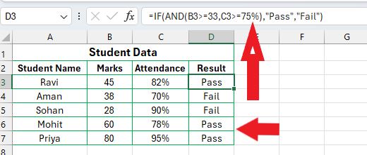 IF Formula with AND Function in Excel in Hindi example