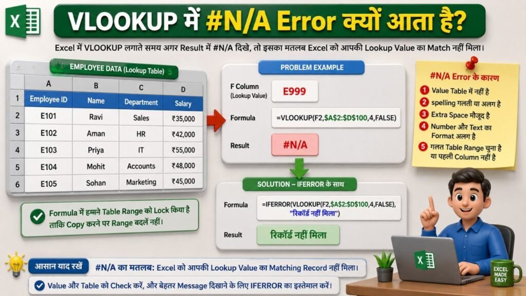 VLOOKUP #N/A error and IFERROR example in Excel in Hindi