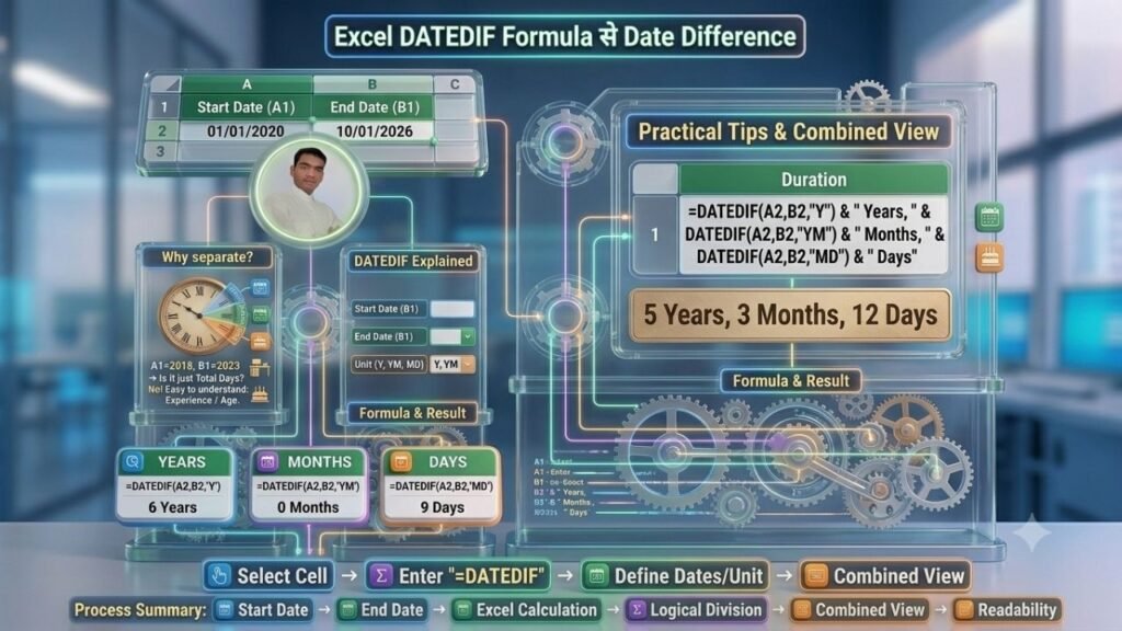 Excel DATEDIF Formula इंफोग्राफिक - Start Date और End Date से Years, Months और Days निकालने का तरीका