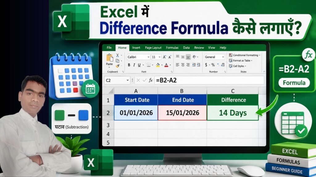 Difference Formula in Excel से दो values का difference निकालने का उदाहरण