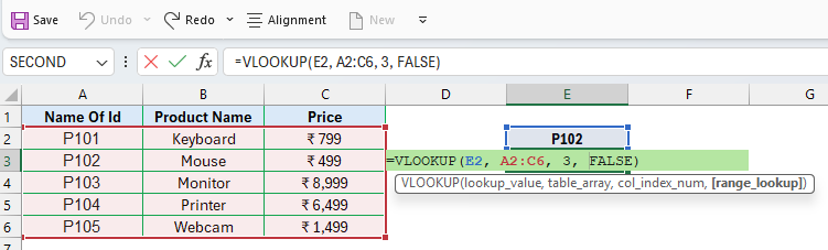VLOOKUP Formula in Excel in Hindi से Product ID द्वारा Price निकालने का उदाहरण