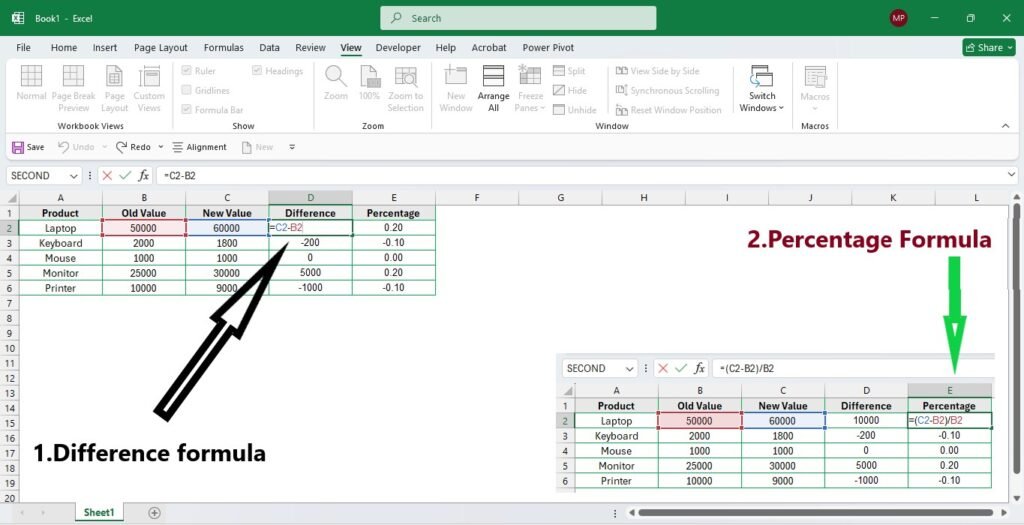 Excel में Difference और Percentage Formula का उदाहरण