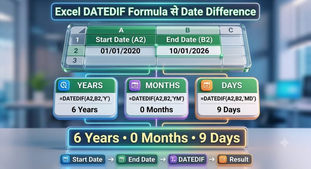 Excel में DATEDIF Formula से दो Dates के बीच Years Months और Days का Difference