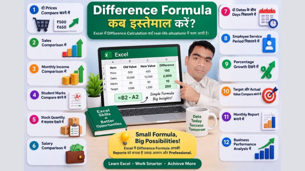 Excel में Difference Formula का उपयोग और उसके 12 practical examples
