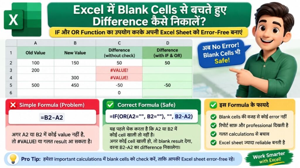 Excel में Blank Cells होने पर Difference Formula का उदाहरण