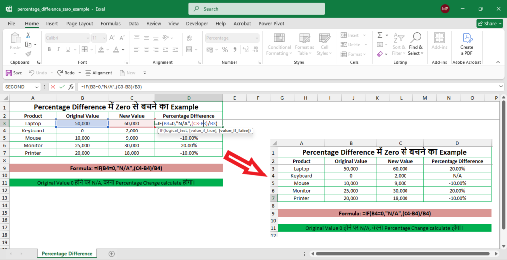 Excel में Percentage Difference में Zero से बचने के लिए IF Formula का उदाहरण